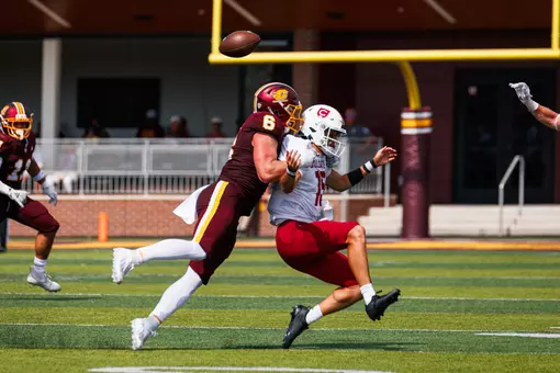 Hunter Zirkle (#6) gets a strip sack during the 2nd quarter of the Central Michigan vs Colgate football game on Saturday Sept. 12,, 2026 in Mount Pleasant. (Ty Klopf/Central Michigan Football)