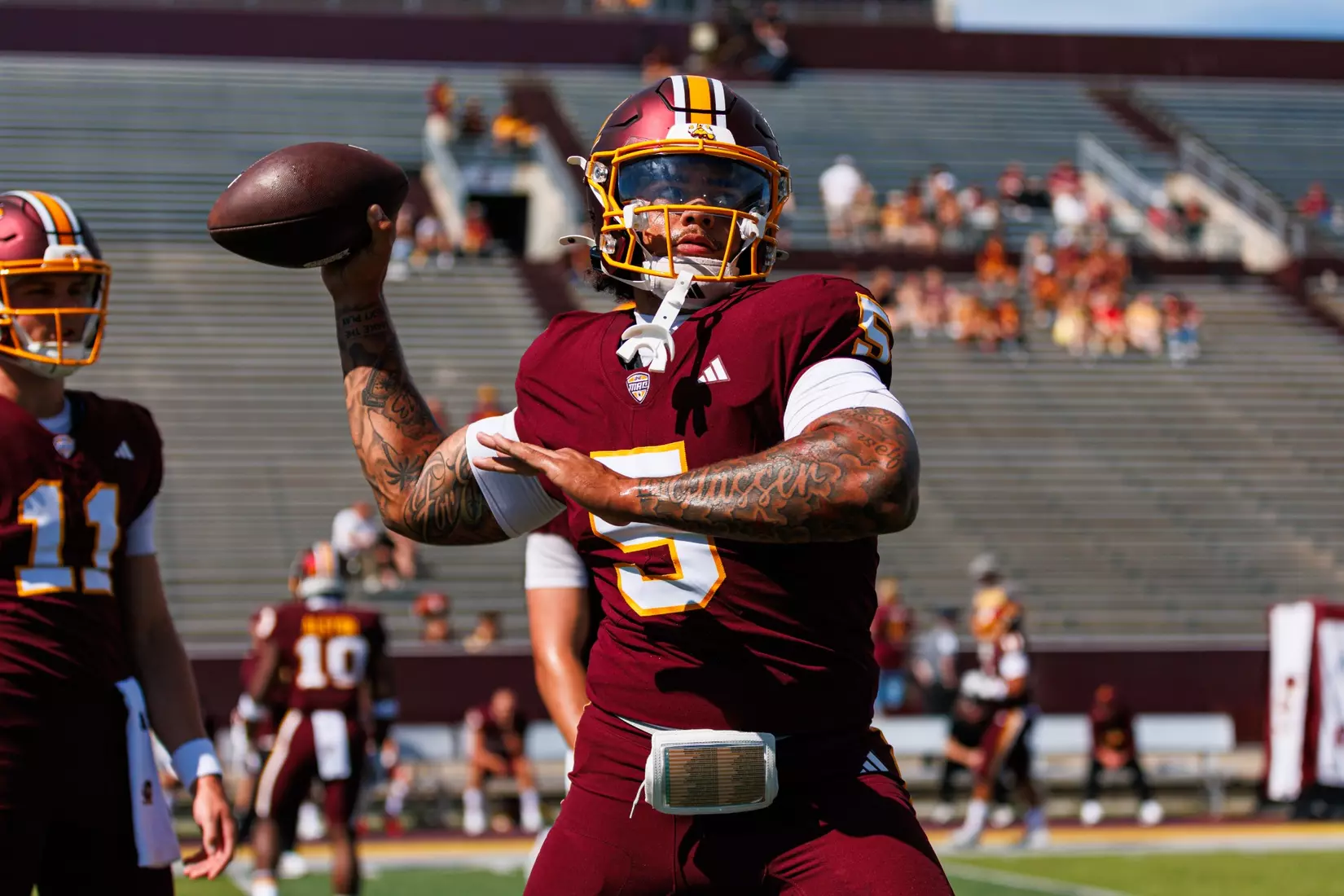 Jadyn Glasser (#5) warms up throwing ahead of the Central Michigan vs Colgate football game on Saturday Sept. 12, 2026 in Mount Pleasant. (Ty Klopf/Central Michigan Football)