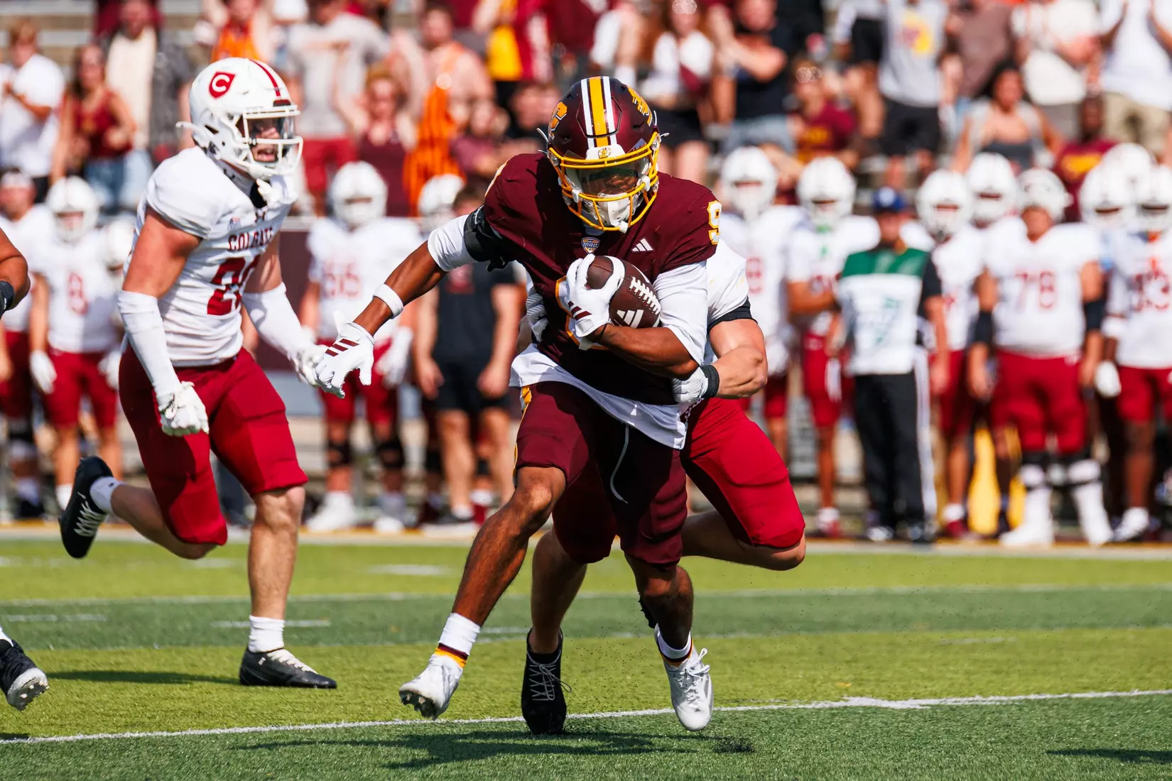 Justin Ruffin Jr. (#9) pcatches a pass over the middle during the Central Michigan vs Colgate football game on Saturday Sept. 12, 2026 in Mount Pleasant. (Ty Klopf/Central Michigan Football)