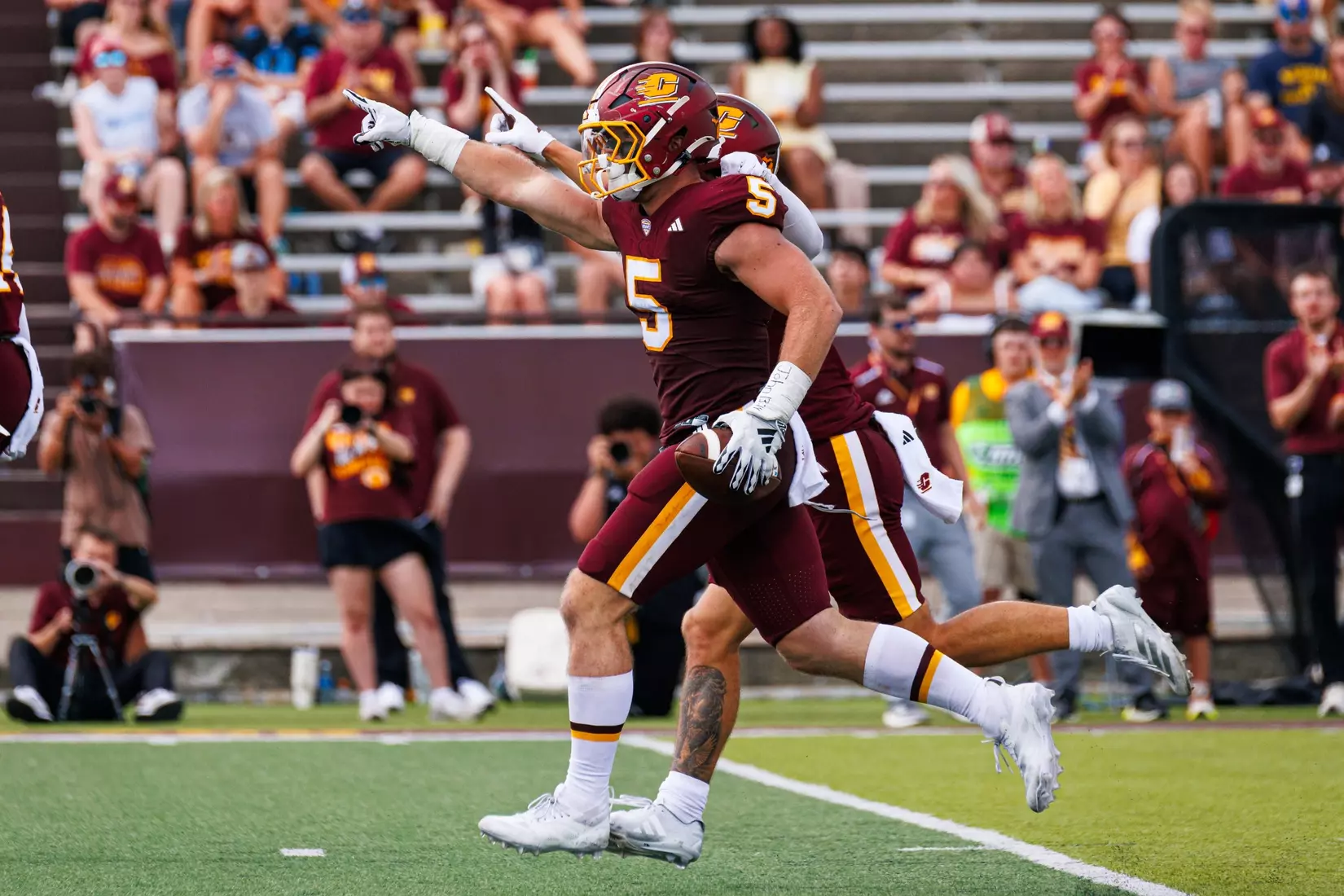 Korver Demma (#5) celebrates a recovered fumble in the 2nd quarter during the Central Michigan vs Colgate football game on Saturday Sept. 12, 2026 in Mount Pleasant. (Ty Klopf/Central Michigan Football)