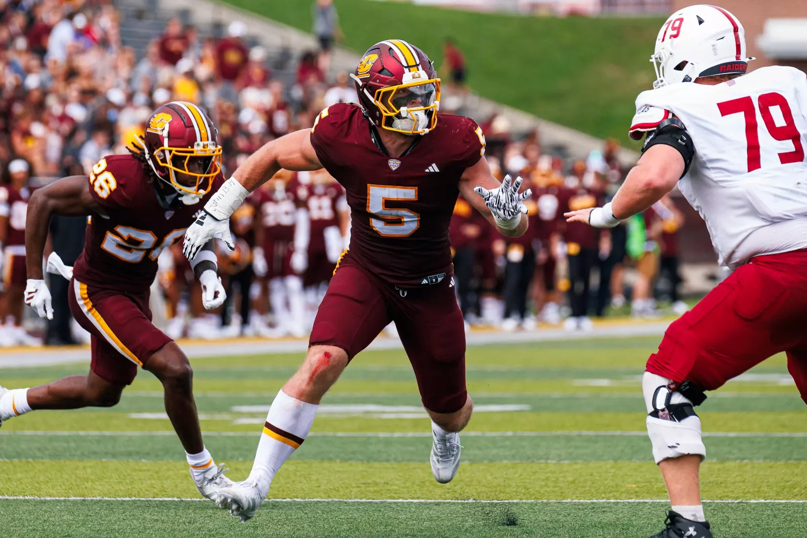 Korver Demma (#5) rushes up the field during the Central Michigan vs Colgate football game on Saturday Sept. 12, 2026 in Mount Pleasant. (Ty Klopf/Central Michigan Football)
