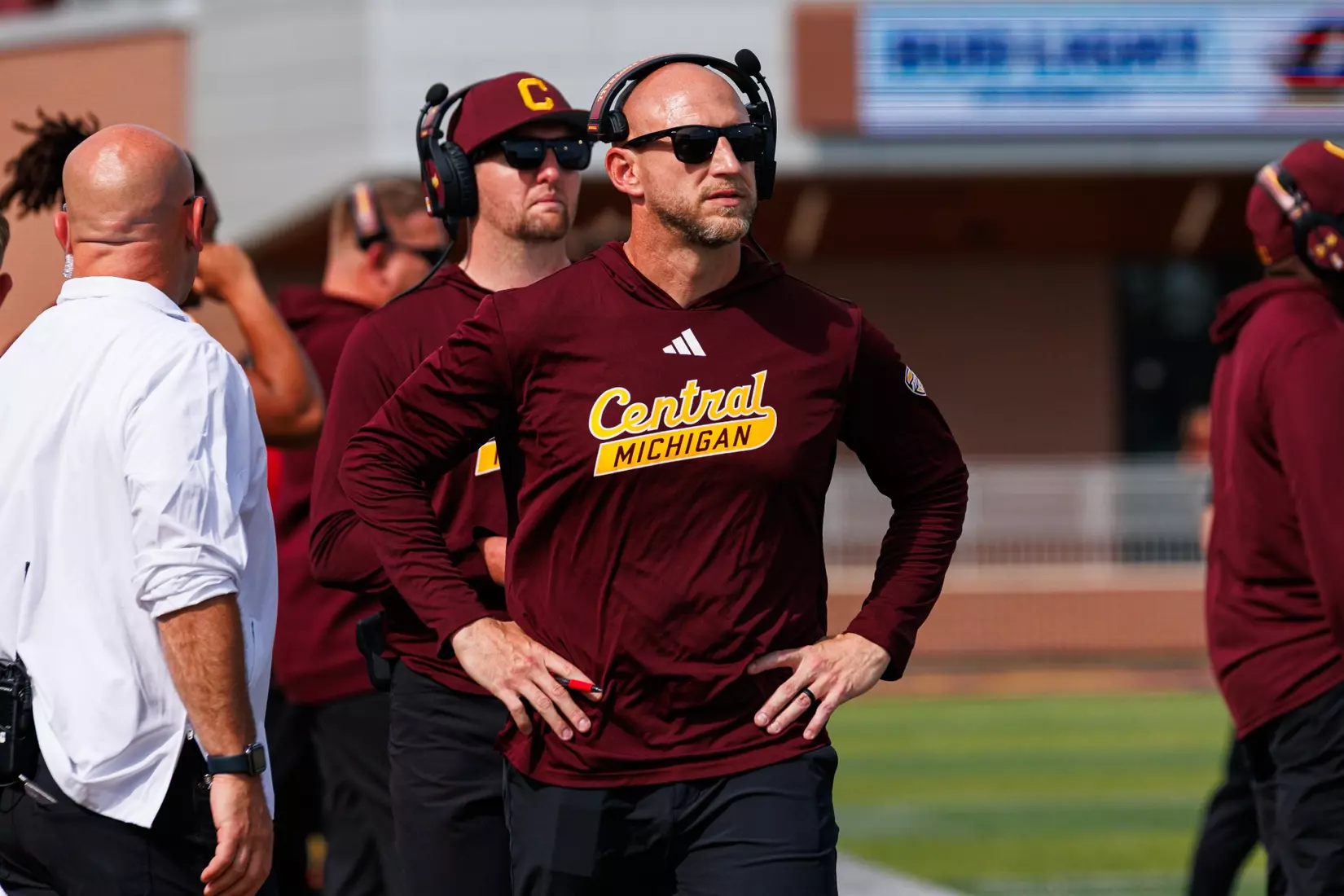 Head Coach Matt Drinkall looks towards the videoboard during the 4th quarter of the Central Michigan vs Colgate football game on Saturday Sept. 12, 2026 in Mount Pleasant. (Ty Klopf/Central Michigan Football)