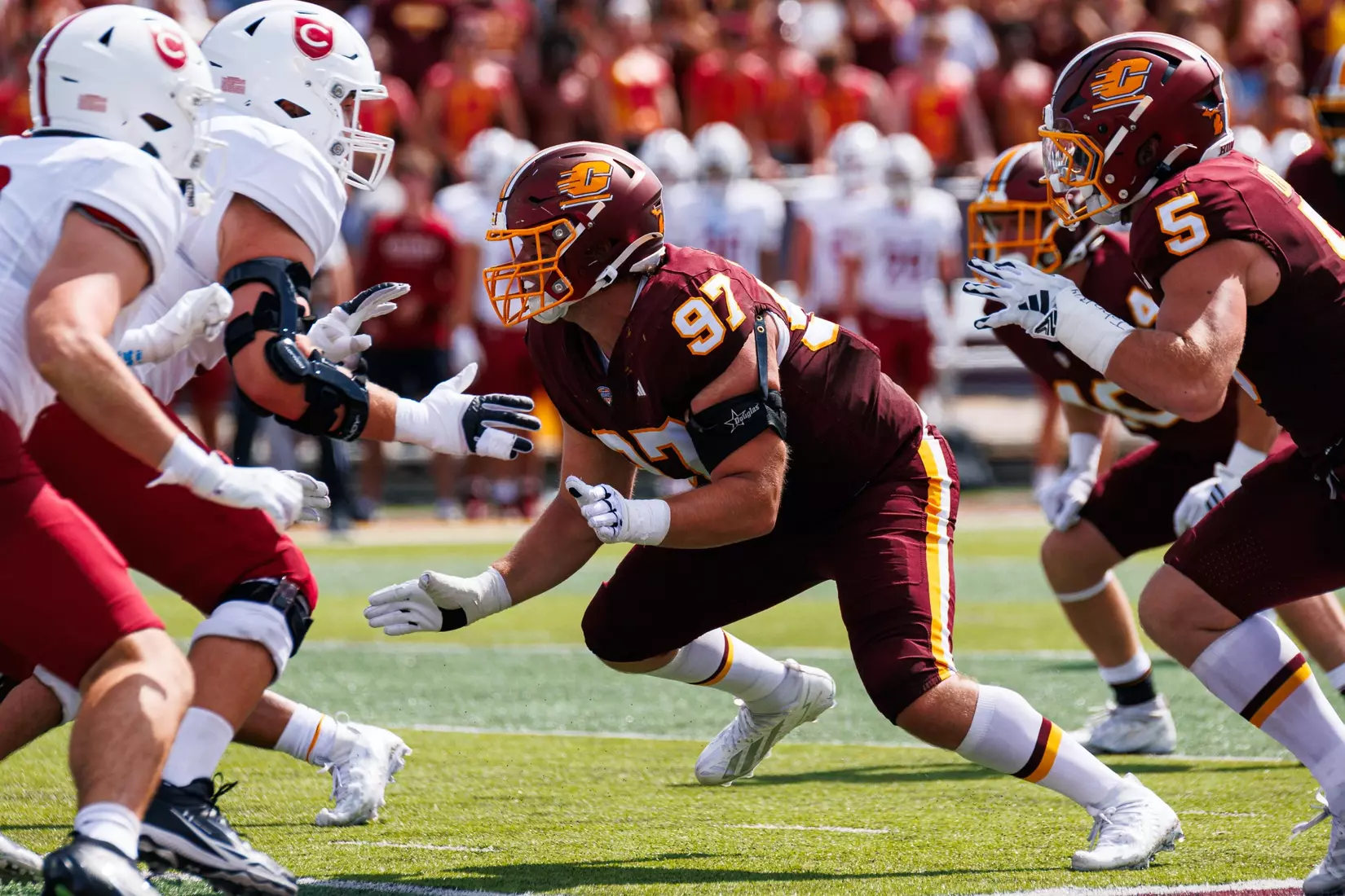 Max Van Fleet (#97) rushes of the line of scrimmage during the Central Michigan vs Colgate football game on Saturday Sept. 12, 2026 in Mount Pleasant. (Ty Klopf/Central Michigan Football)