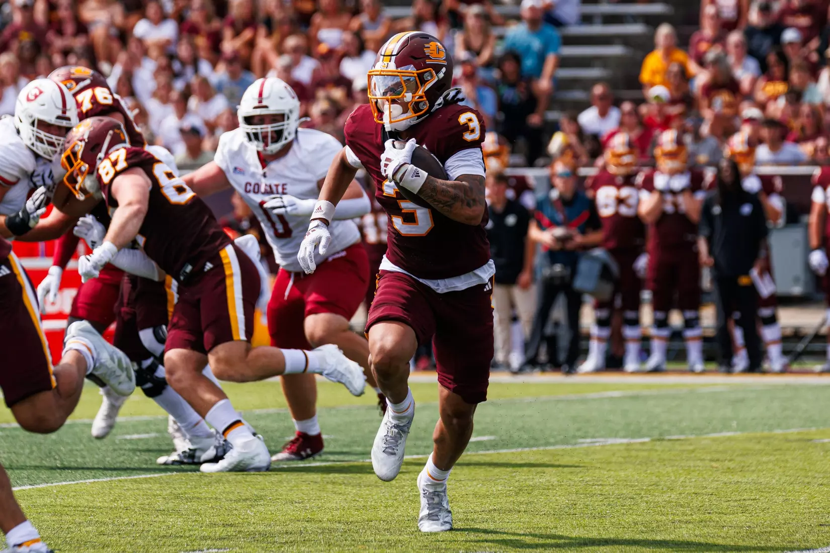 Nasir Williams (#3) takes the jet sweep and rushes towards a first down during the Central Michigan vs Colgate football game on Saturday Sept. 12, 2026 in Mount Pleasant. (Ty Klopf/Central Michigan Football)