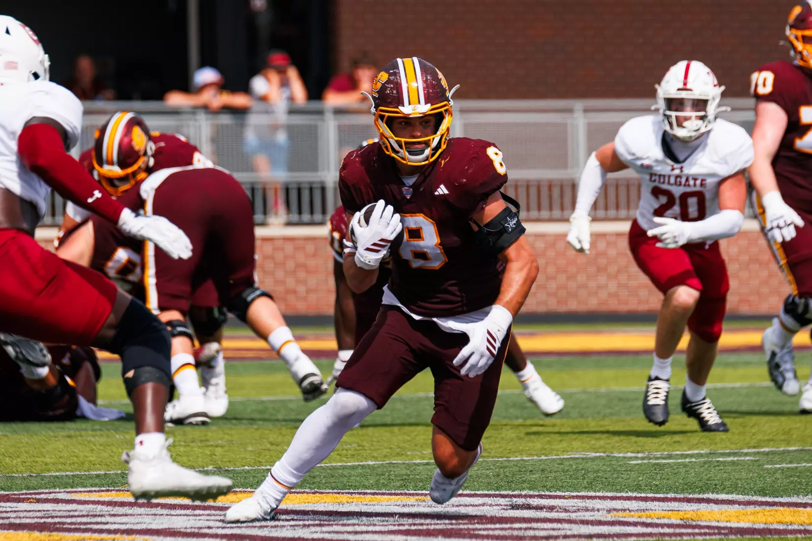 Rusty VanWetzinga IV (#8) looks for space after a 2nd quarter reception during the Central Michigan vs Colgate football game on Saturday Sept. 12, 2026 in Mount Pleasant. (Ty Klopf/Central Michigan Football)