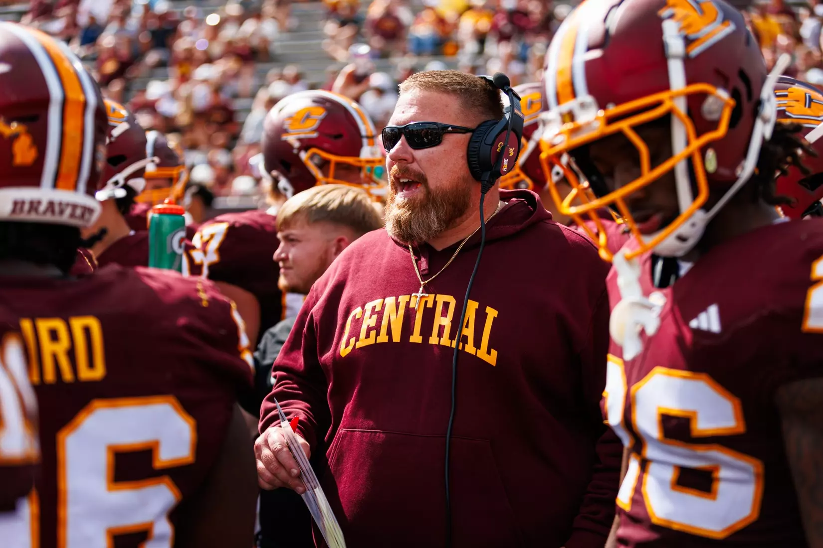 Defensive Coordinator Sean Cronin coaches up his defense during the Central Michigan vs Colgate football game on Saturday Sept. 12, 2026 in Mount Pleasant. (Ty Klopf/Central Michigan Football)