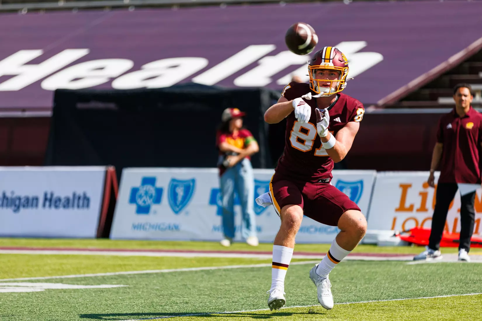 Tayte Vanderleest (#5) catches a pass during warmups before the Central Michigan vs Colgate football game on Saturday Sept. 12, 2026 in Mount Pleasant. (Ty Klopf/Central Michigan Football)