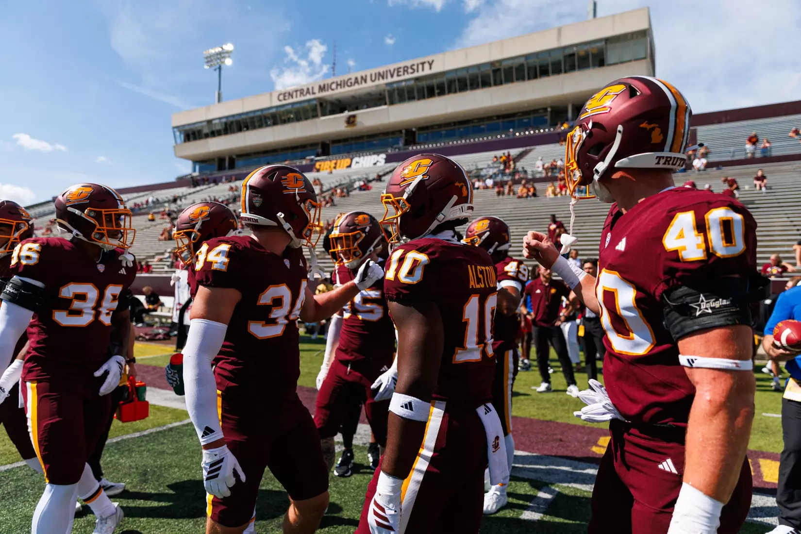 Linebacker group huddles up during warmups of the Central Michigan vs Colgate football game on Saturday Sept. 121, 2026 in Mount Pleasant. (Ty Klopf/Central Michigan Football)