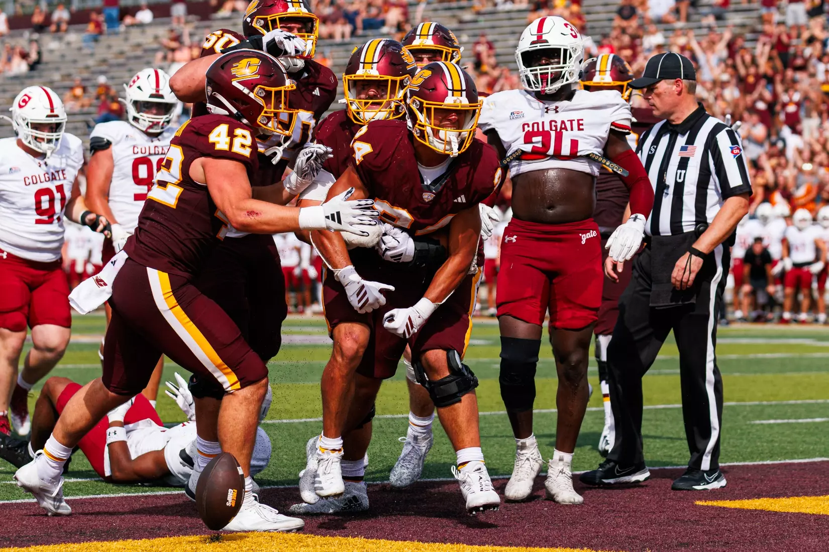 Vaughn Blue (#24) celebrates his touchdown run during the Central Michigan vs Colgate football game on Saturday Sept. 12, 2026 in Mount Pleasant. (Ty Klopf/Central Michigan Football)