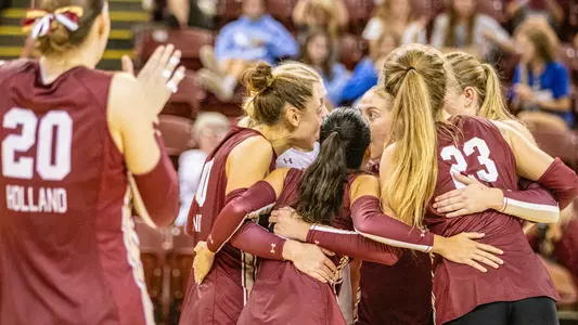 Volleyball huddle Sept. 7, 2024 vs Pacific