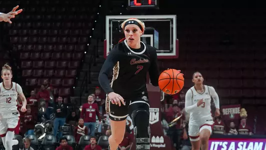 Jami Hill dribbles ball up the court at Florida State