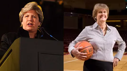 Joan Cronan speaks to crowd/Nancy Wilson poses for headshot