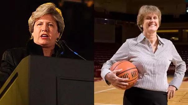 Joan Cronan speaks to crowd/Nancy Wilson poses for headshot