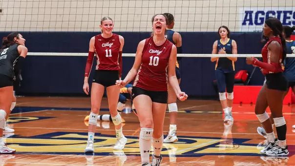 Helena Vukovic celebrating a Charleston point at NC A&T.