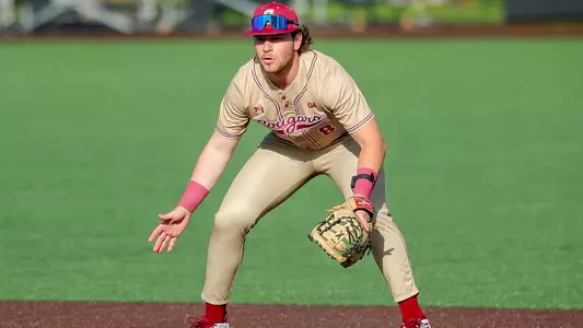 Payton Frehner waiting to field a ball at first base.