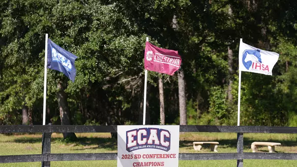 Equestrian 2025 ECAC Championship banner along with flags