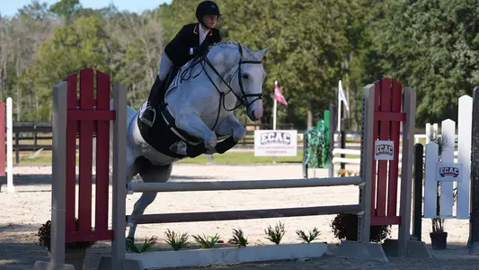 Equestrian student-athlete riding a horse at White Horses in Charleston, SC.