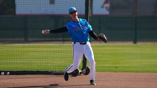 CofC baseball alum Blake Butler, who now coaches, fielding a ground ball with the Miami Marlins in Spring Training 2026.