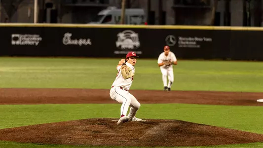 Asher Lucas throwing a pitch at Patriots Point.