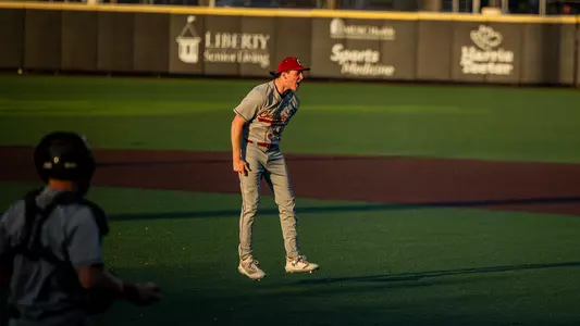 Carter Harrington celebrating after a strikeout March 6, 2026 vs Hofstra.