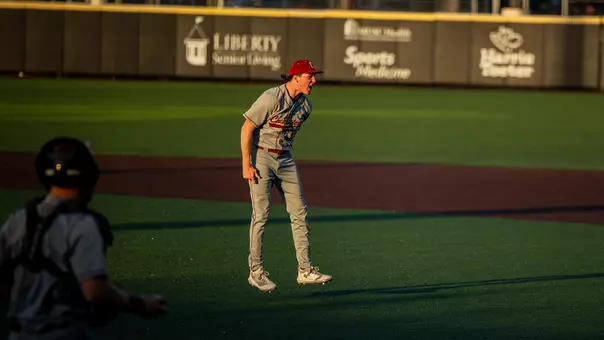 Carter Harrington celebrating after a strikeout March 6, 2026 vs Hofstra.