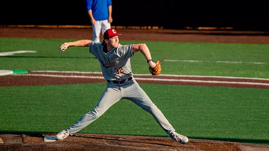 Carter Harrington throwing a pitch against Hofstra March 6, 2026 at Patriots Point.