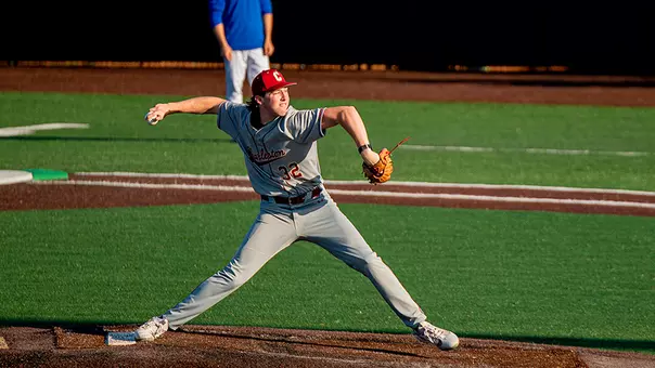 Carter Harrington throwing a pitch against Hofstra March 6, 2026 at Patriots Point.