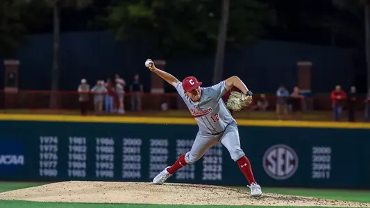 Alex Lyon throwing a pitch at South Carolina April, 2026.