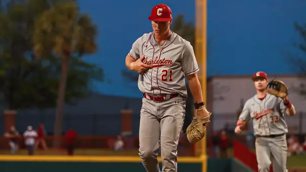 Austin Wiegandt celebrating at Founders Park April 7.