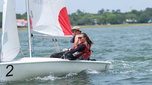 Clara Murphy and Ben Dufour sailing at a practice.