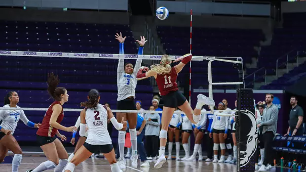 Makena Parthen readying to hit a volleyball vs Memphis.