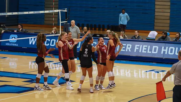 Charleston volleyball celebrating a point Sept. 3 at The Citadel.