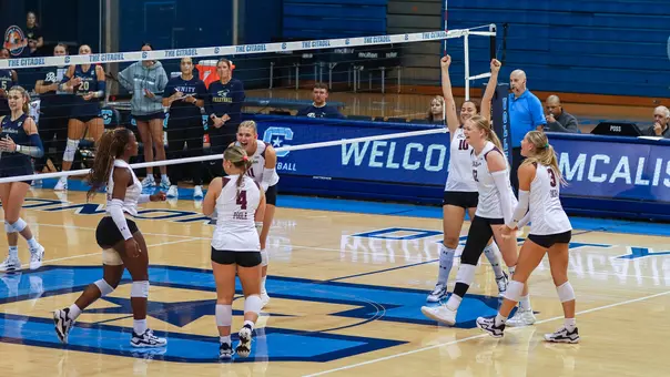 Charleston volleyball celebrating a point Sept. 4 vs Charleston Southern.