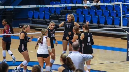 Charleston volleyball celebrating a point in set three Sept. 5 vs SC State.
