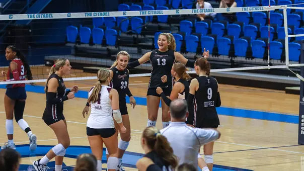 Charleston volleyball celebrating a point in set three Sept. 5 vs SC State.