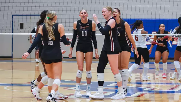 Charleston volleyball celebrating a point Sept. 8 at Presbyterian.