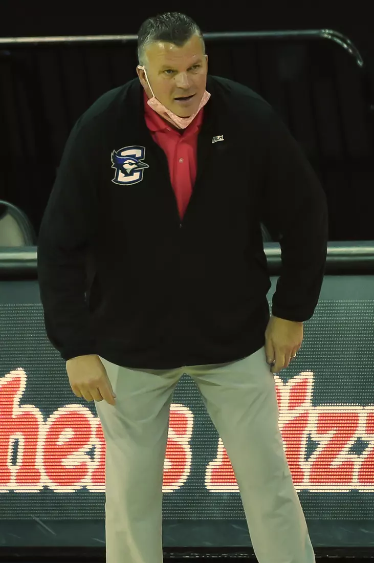 Feb 3, 2021; Omaha, Nebraska, USA; Creighton Bluejays head coach Greg McDermott watches action against the Georgetown Hoyas in the second half at CHI Health Center Omaha. Mandatory Credit: Steven Branscombe-USA TODAY Sports