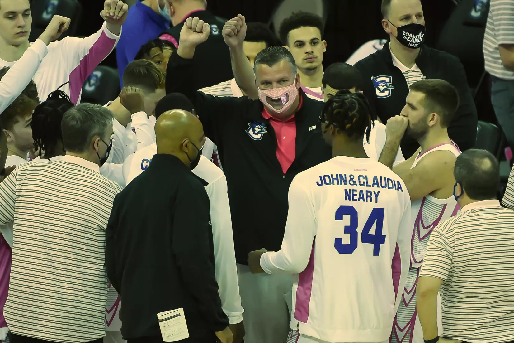 Feb 3, 2021; Omaha, Nebraska, USA; Creighton Bluejays head coach Greg McDermott meets with the team before the game against the Georgetown Hoyas in the first half at CHI Health Center Omaha. Mandatory Credit: Steven Branscombe-USA TODAY Sports