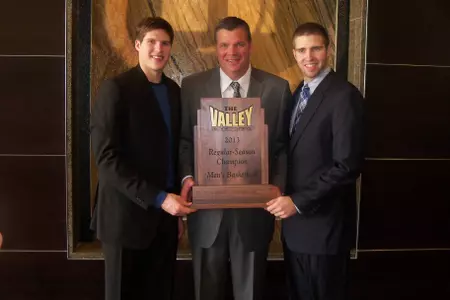 Doug McDermott, Greg McDermott, Ethan Wragge with 2013 MVC regular-season trophy