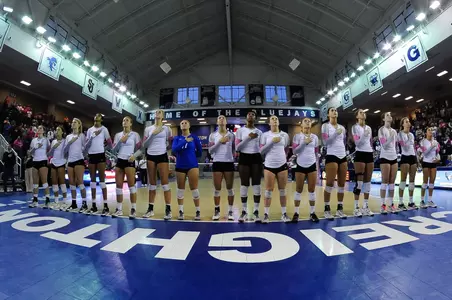 Creighton Volleyball lines up for the national anthem during its annual Pink Out on Oct. 9, 2015 vs. DePaul