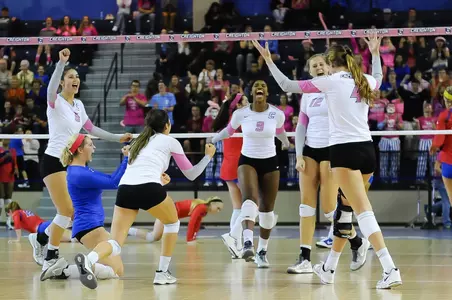Marysa Wilkinson celebrates Creighton Volleyball's win over DePaul on Oct. 9, 2015.