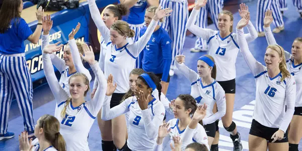 Creighton celebrates a win with the pep band