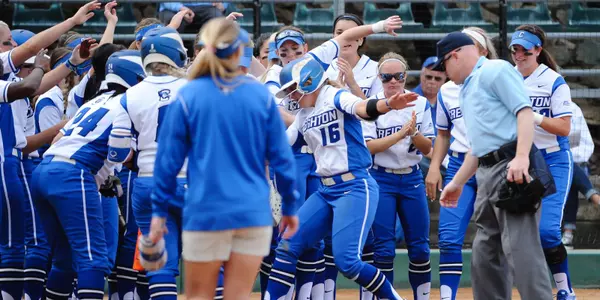 Jen Daro is mobbed after a home run