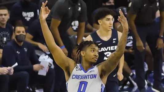 Dec 23, 2020; Omaha, Nebraska, USA;  Creighton Bluejays guard Antwann Jones (0) celebrates a three point basket against the Xavier Musketeers in the first half at CHI Health Center Omaha. Mandatory Credit: Steven Branscombe-USA TODAY Sports