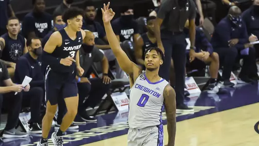 Dec 23, 2020; Omaha, Nebraska, USA;  Creighton Bluejays guard Antwann Jones (0) celebrates a three point basket against the Xavier Musketeers in the first half at CHI Health Center Omaha. Mandatory Credit: Steven Branscombe-USA TODAY Sports