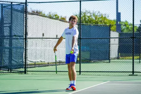 In day two of the Bluejay Invitational Men's Tennis matches between the Creighton Bluejays, Drake, North Dakota and University of Nebraska-Omaha played on September 25, 2021, at the Koch Family Tennis Center in Omaha, Nebraska. The Bluejays wrapped up play with a number of doubles and singles victories. (Catherine Grosdidier/ Creighton Athletics)