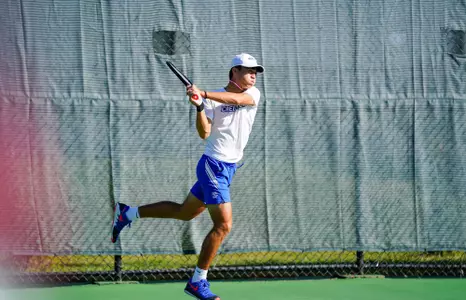 In day two of the Bluejay Invitational Men's Tennis matches between the Creighton Bluejays, Drake, North Dakota and University of Nebraska-Omaha played on September 25, 2021, at the Koch Family Tennis Center in Omaha, Nebraska. The Bluejays wrapped up play with a number of doubles and singles victories. (Catherine Grosdidier/ Creighton Athletics)