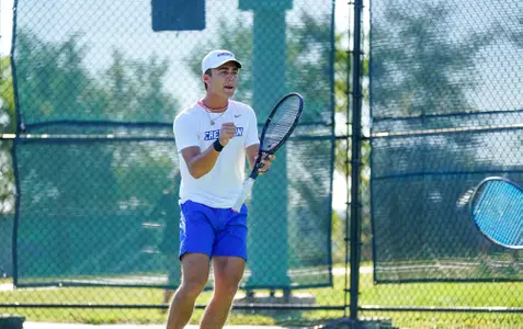 In day two of the Bluejay Invitational Men's Tennis matches between the Creighton Bluejays, Drake, North Dakota and University of Nebraska-Omaha played on September 25, 2021, at the Koch Family Tennis Center in Omaha, Nebraska. The Bluejays wrapped up play with a number of doubles and singles victories. (Catherine Grosdidier/ Creighton Athletics)