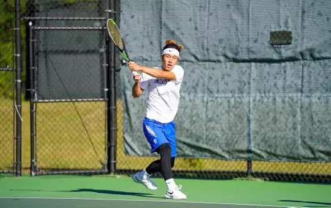 In day two of the Bluejay Invitational Men's Tennis matches between the Creighton Bluejays, Drake, North Dakota and University of Nebraska-Omaha played on September 25, 2021, at the Koch Family Tennis Center in Omaha, Nebraska. The Bluejays wrapped up play with a number of doubles and singles victories. (Catherine Grosdidier/ Creighton Athletics)
