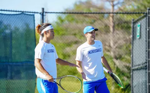 In day two of the Bluejay Invitational Men's Tennis matches between the Creighton Bluejays, Drake, North Dakota and University of Nebraska-Omaha played on September 25, 2021, at the Koch Family Tennis Center in Omaha, Nebraska. The Bluejays wrapped up play with a number of doubles and singles victories. (Catherine Grosdidier/ Creighton Athletics)